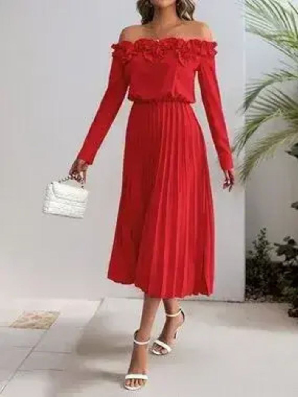 Off-Shoulder Ruffle Pleated Midi Dress - Picture 3 of 10